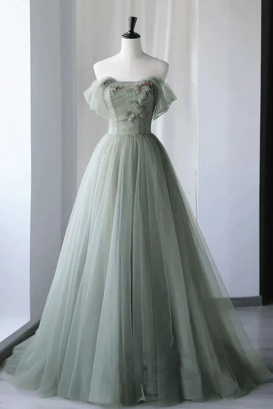 A-line Off the Shoulder Applique Tulle Sage Long Evening Dress Princess