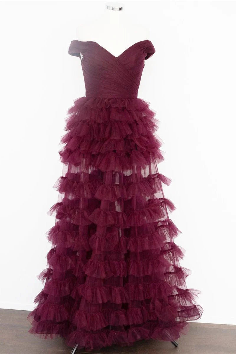 A-line Off the Shoulder Pleated Sheer Tiered Tulle Rust Prom Dress