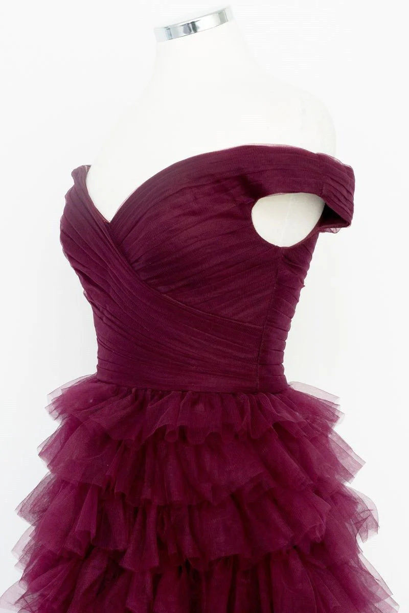 A-line Off the Shoulder Pleated Sheer Tiered Tulle Rust Prom Dress