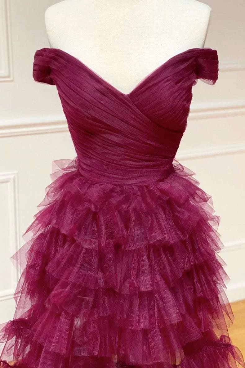 A-line Off the Shoulder Pleated Sheer Tiered Tulle Rust Prom Dress