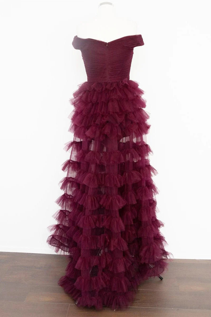 A-line Off the Shoulder Pleated Sheer Tiered Tulle Rust Prom Dress