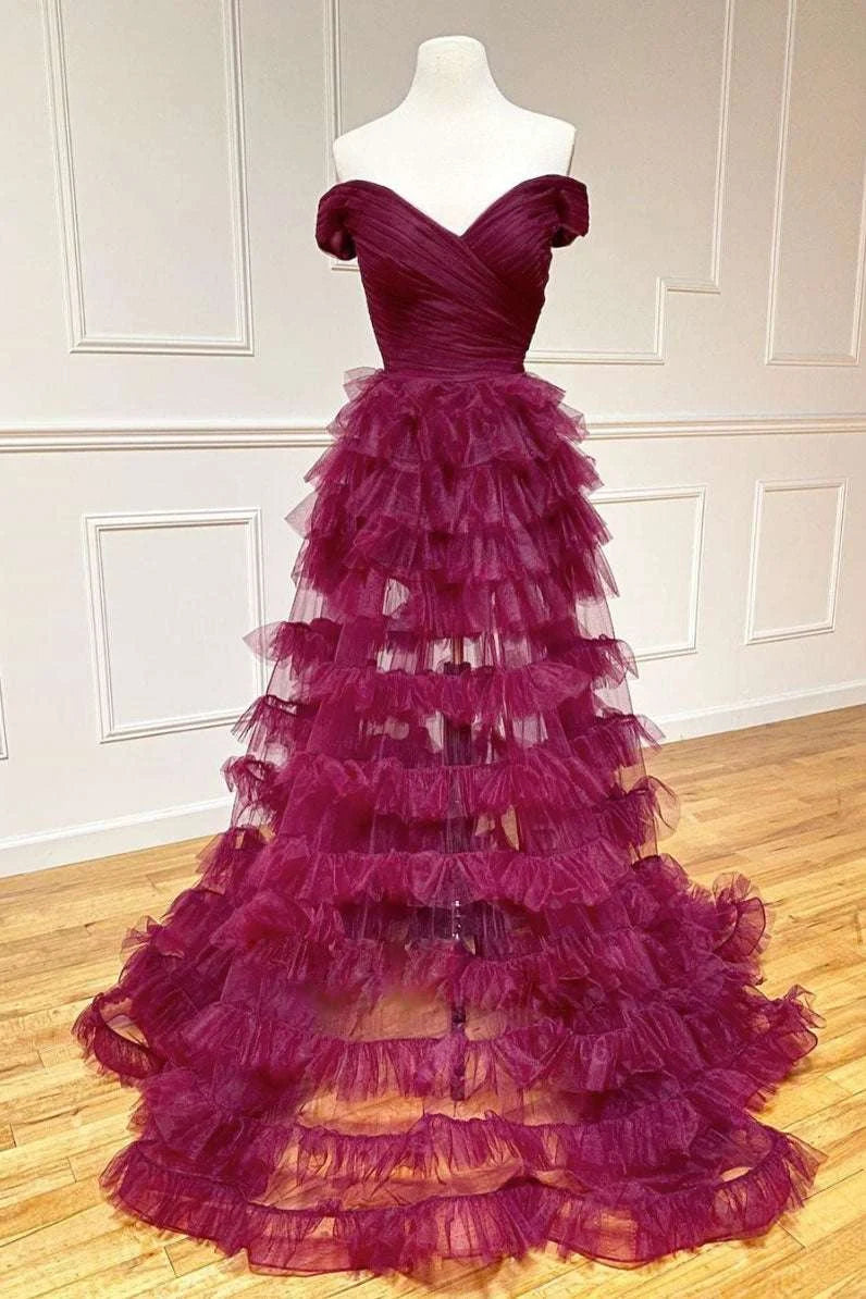 A-line Off the Shoulder Pleated Sheer Tiered Tulle Rust Prom Dress