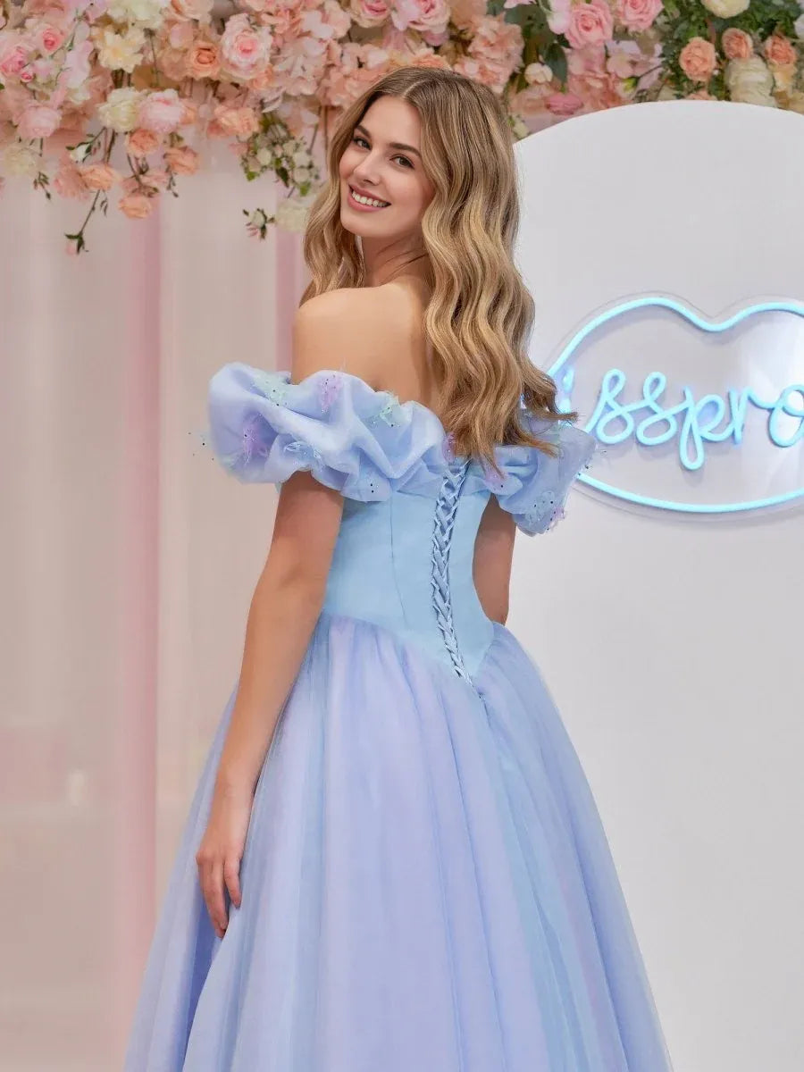 A-line Off the Shoulder Tulle Sky Blue Prom Dress With Crystals Butterflies