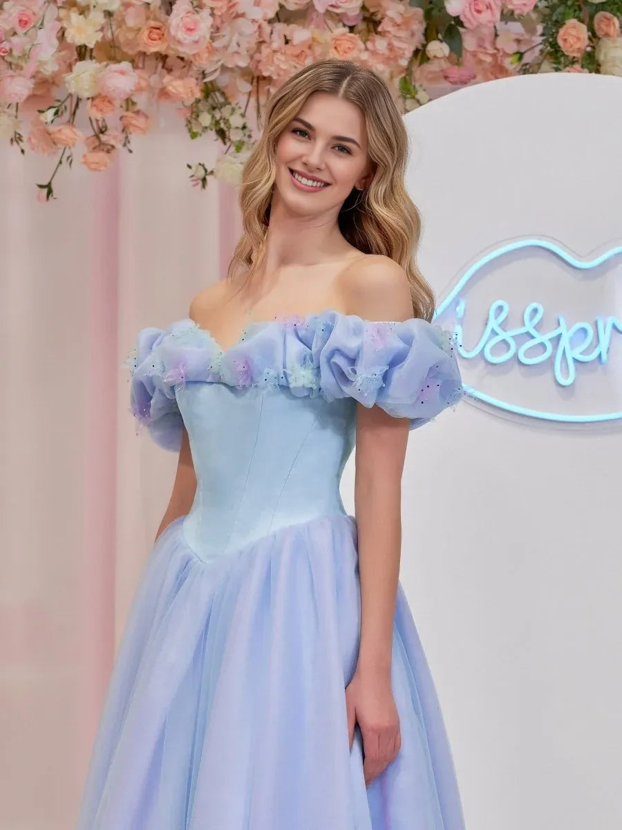A-line Off the Shoulder Tulle Sky Blue Prom Dress With Crystals Butterflies