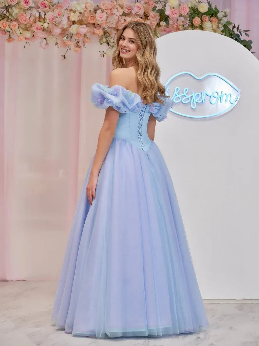 A-line Off the Shoulder Tulle Sky Blue Prom Dress With Crystals Butterflies