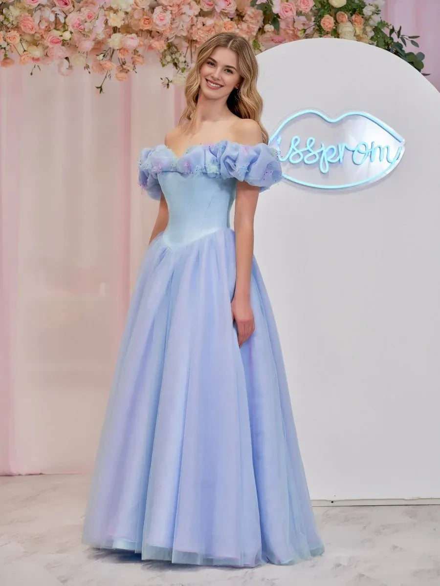 A-line Off the Shoulder Tulle Sky Blue Prom Dress With Crystals Butterflies