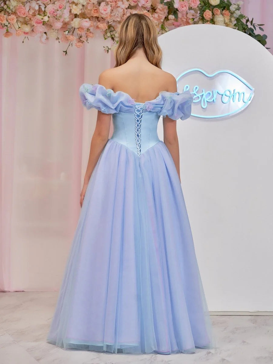 A-line Off the Shoulder Tulle Sky Blue Prom Dress With Crystals Butterflies
