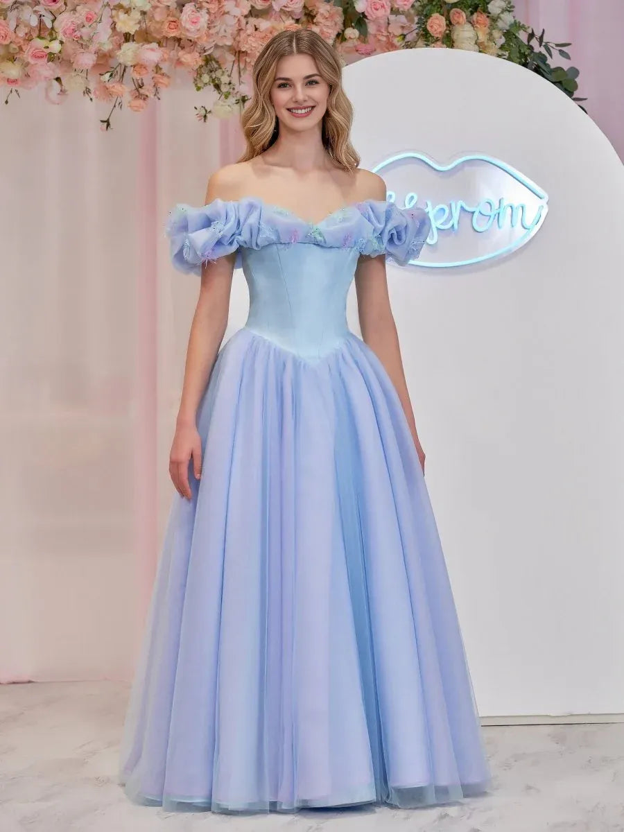 A-line Off the Shoulder Tulle Sky Blue Prom Dress With Crystals Butterflies