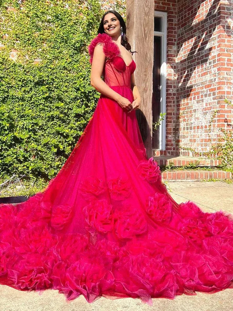 A-line One-Shoulder Bodycon Flowers Tulle Hot Pink Prom Dresses With Overlength Train