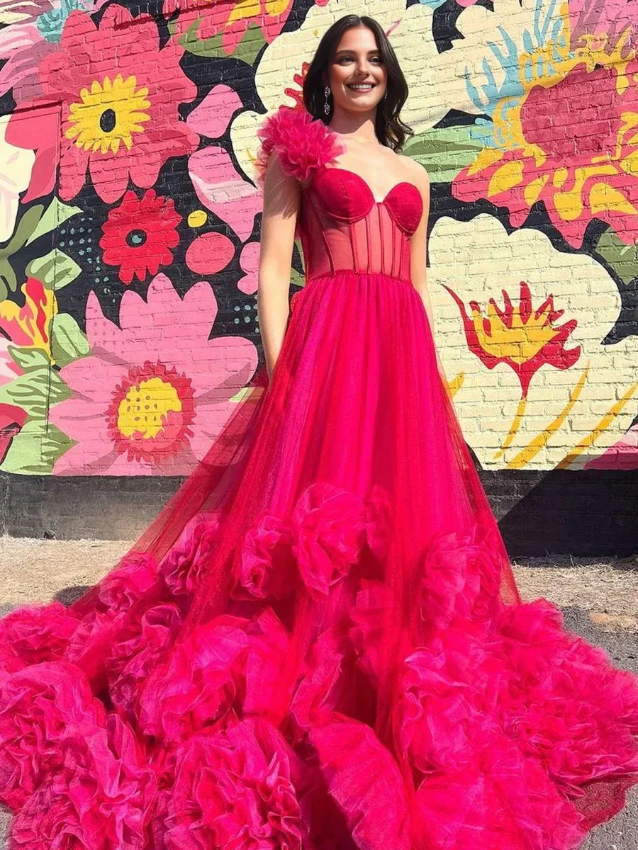 A-line One-Shoulder Bodycon Flowers Tulle Hot Pink Prom Dresses With Overlength Train