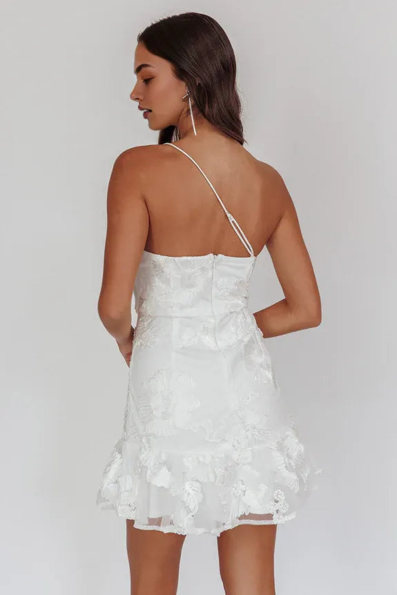 A-line One-Shoulder Embellished Rosette White Homecoming Dress For Sale