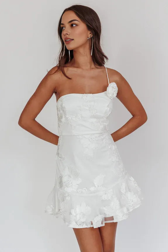 A-line One-Shoulder Embellished Rosette White Homecoming Dress For Sale