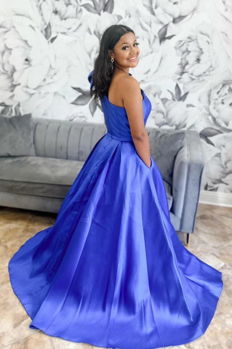 A-line One Shoulder Bow Satin Red Floor Length Prom Dress With Pockets