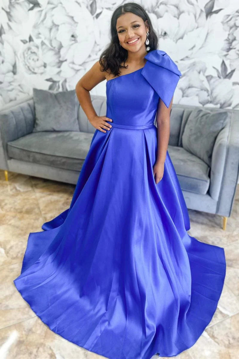 A-line One Shoulder Bow Satin Red Floor Length Prom Dress With Pockets