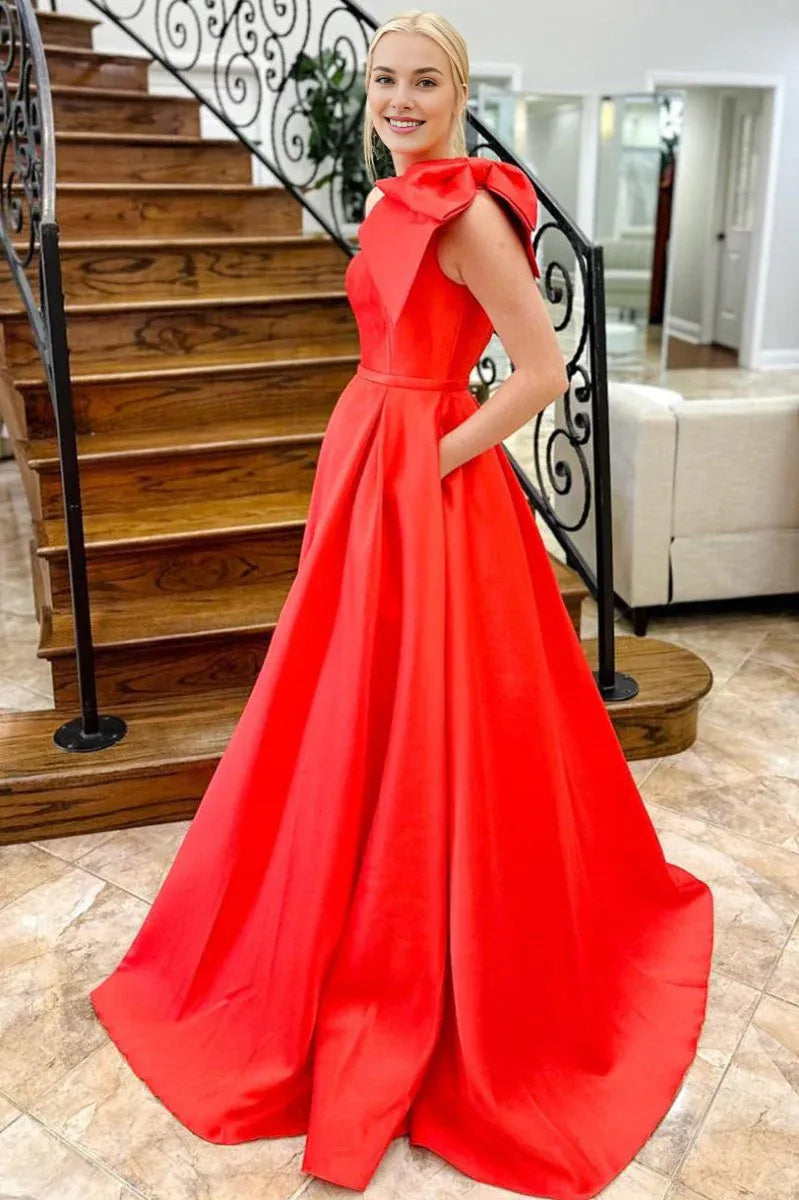 A-line One Shoulder Bow Satin Red Floor Length Prom Dress With Pockets
