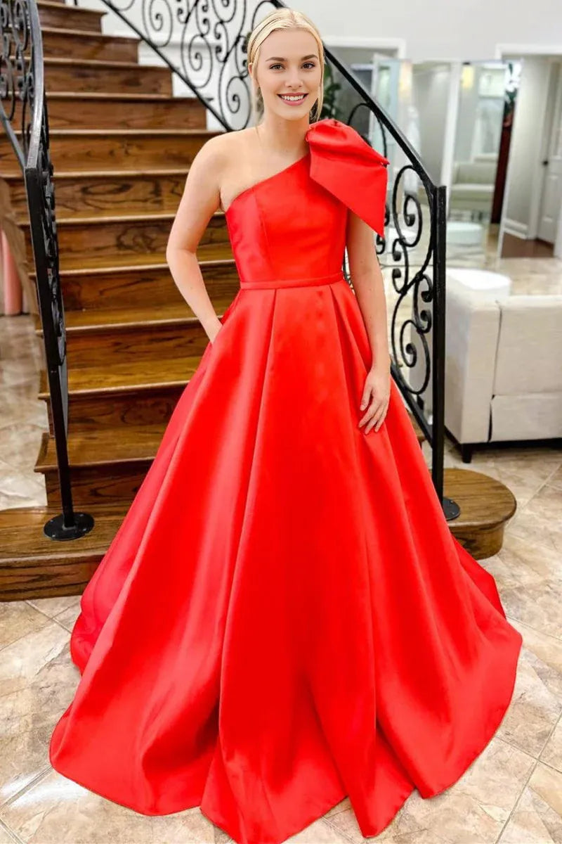 A-line One Shoulder Bow Satin Red Floor Length Prom Dress With Pockets