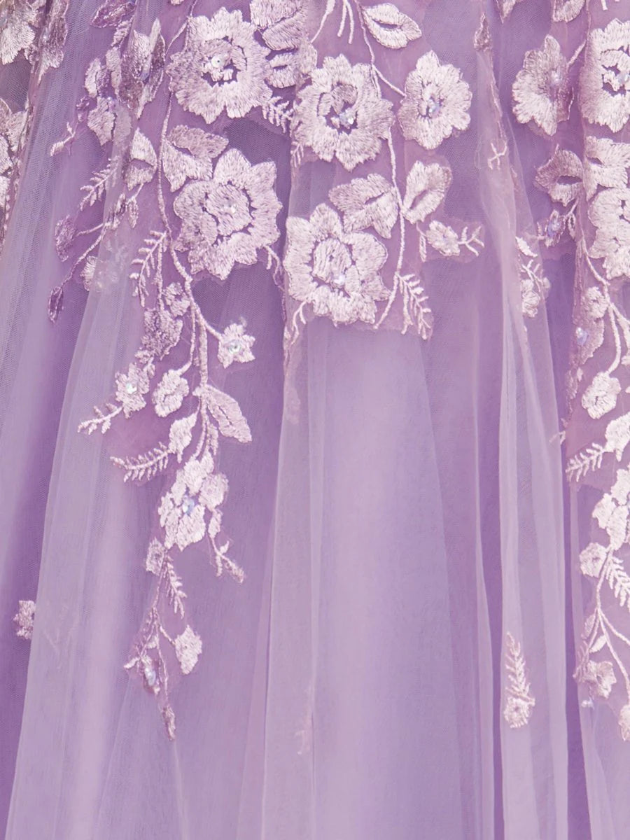 A-line One Shoulder Embroidery Tulle Lavender Floor Length Prom Dress