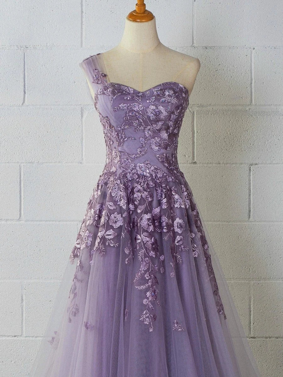 A-line One Shoulder Embroidery Tulle Lavender Floor Length Prom Dress