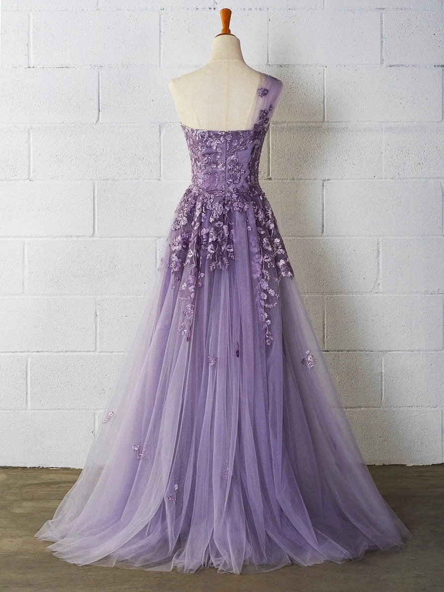 A-line One Shoulder Embroidery Tulle Lavender Floor Length Prom Dress