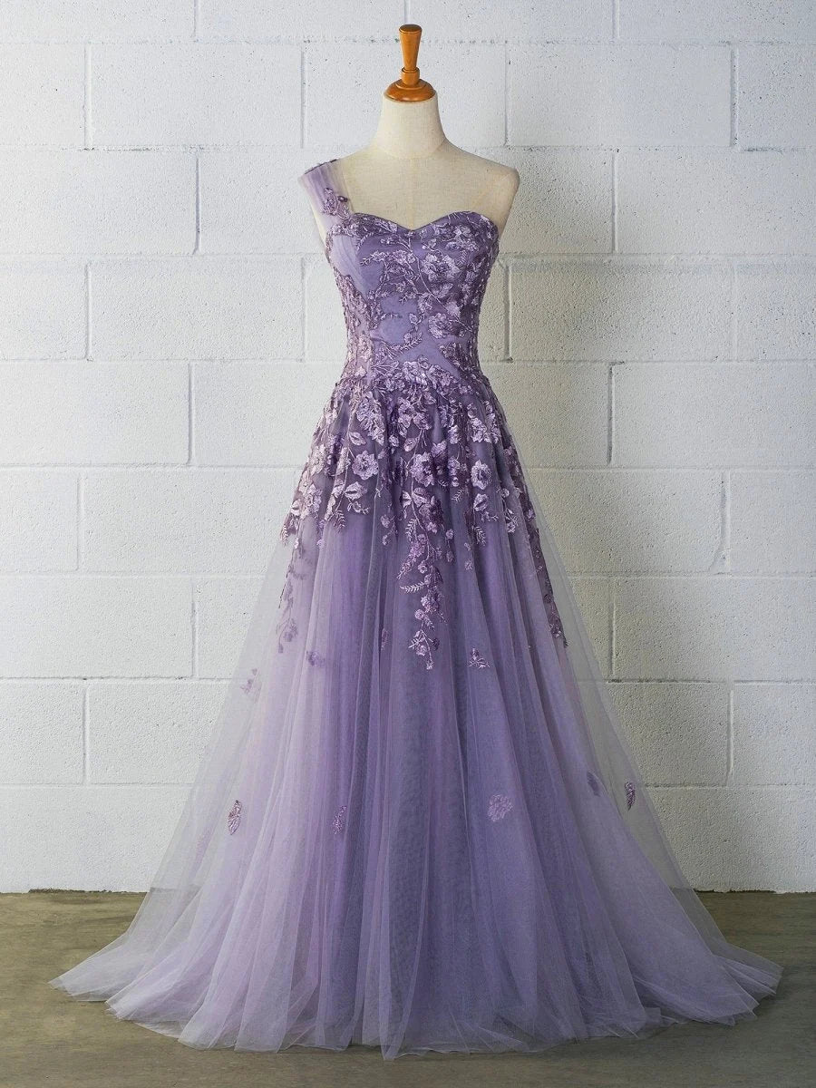 A-line One Shoulder Embroidery Tulle Lavender Floor Length Prom Dress