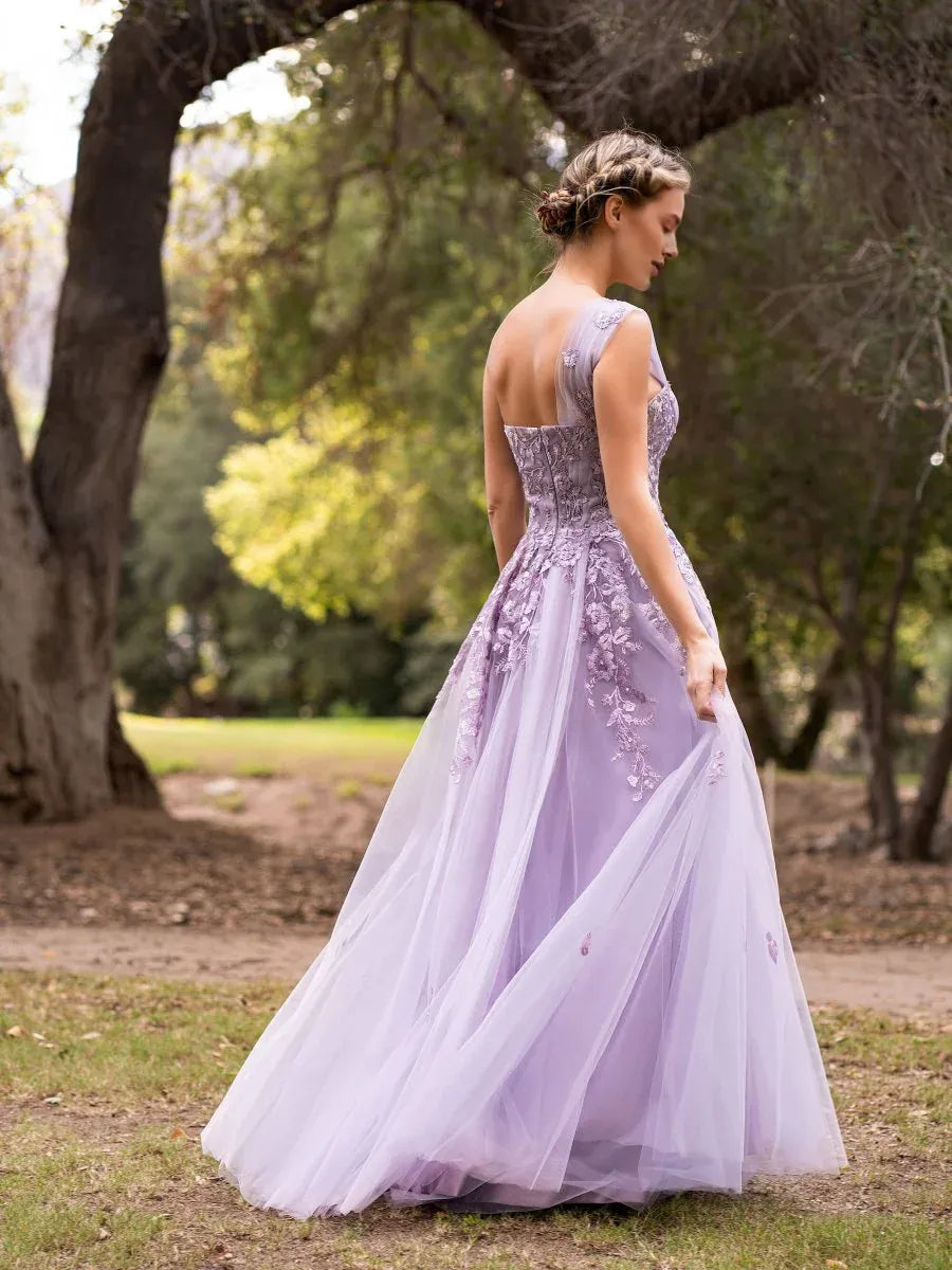 A-line One Shoulder Embroidery Tulle Lavender Floor Length Prom Dress