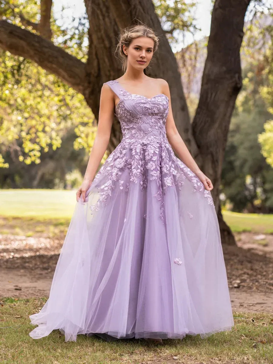 A-line One Shoulder Embroidery Tulle Lavender Floor Length Prom Dress