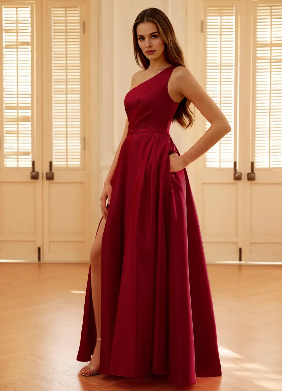 A-line One Shoulder Pleated Satin Burgundy Prom Dress With Pocket
