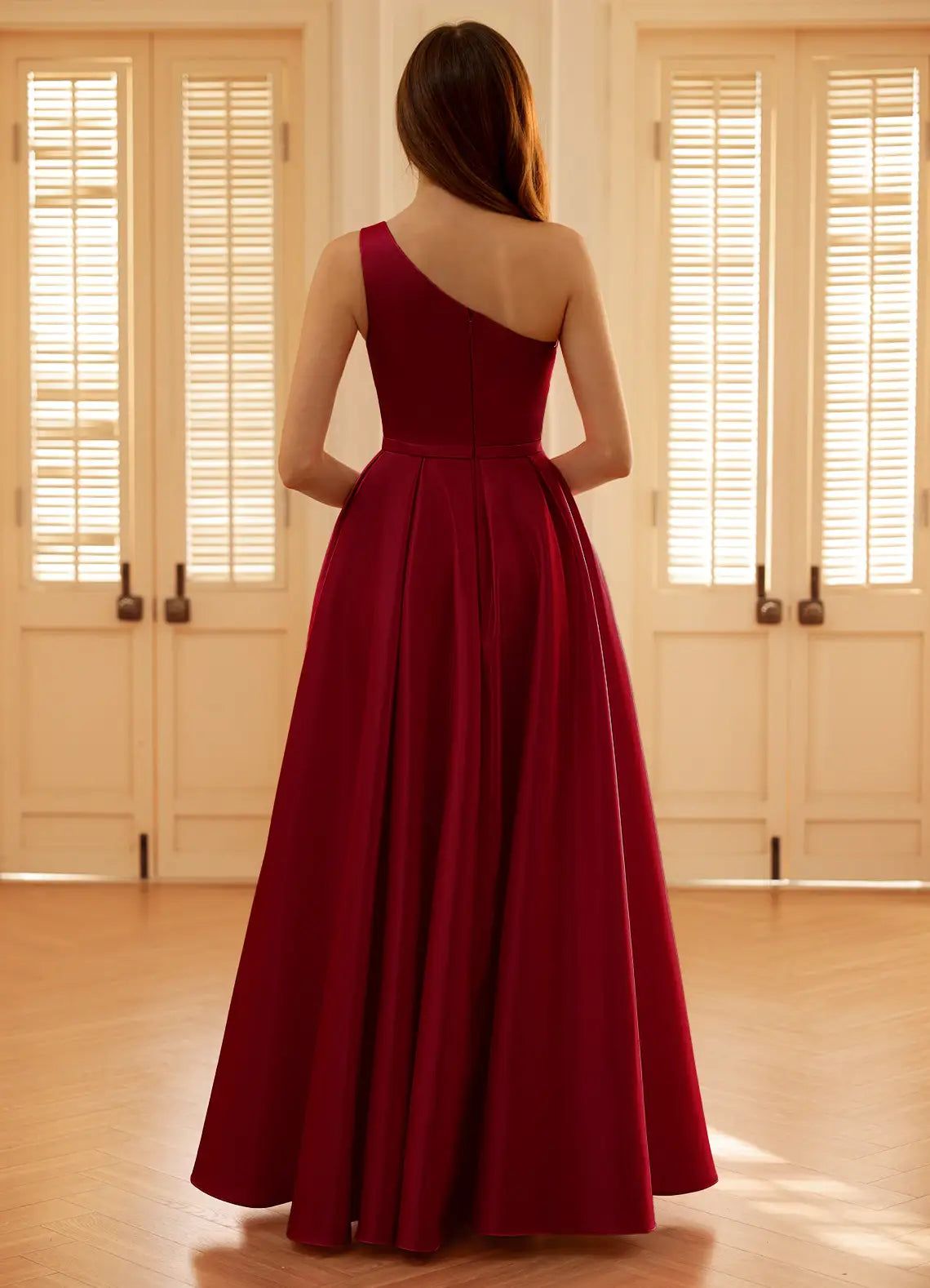 A-line One Shoulder Pleated Satin Burgundy Prom Dress With Pocket