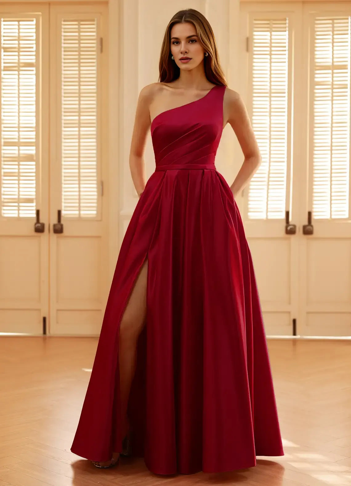 A-line One Shoulder Pleated Satin Burgundy Prom Dress With Pocket
