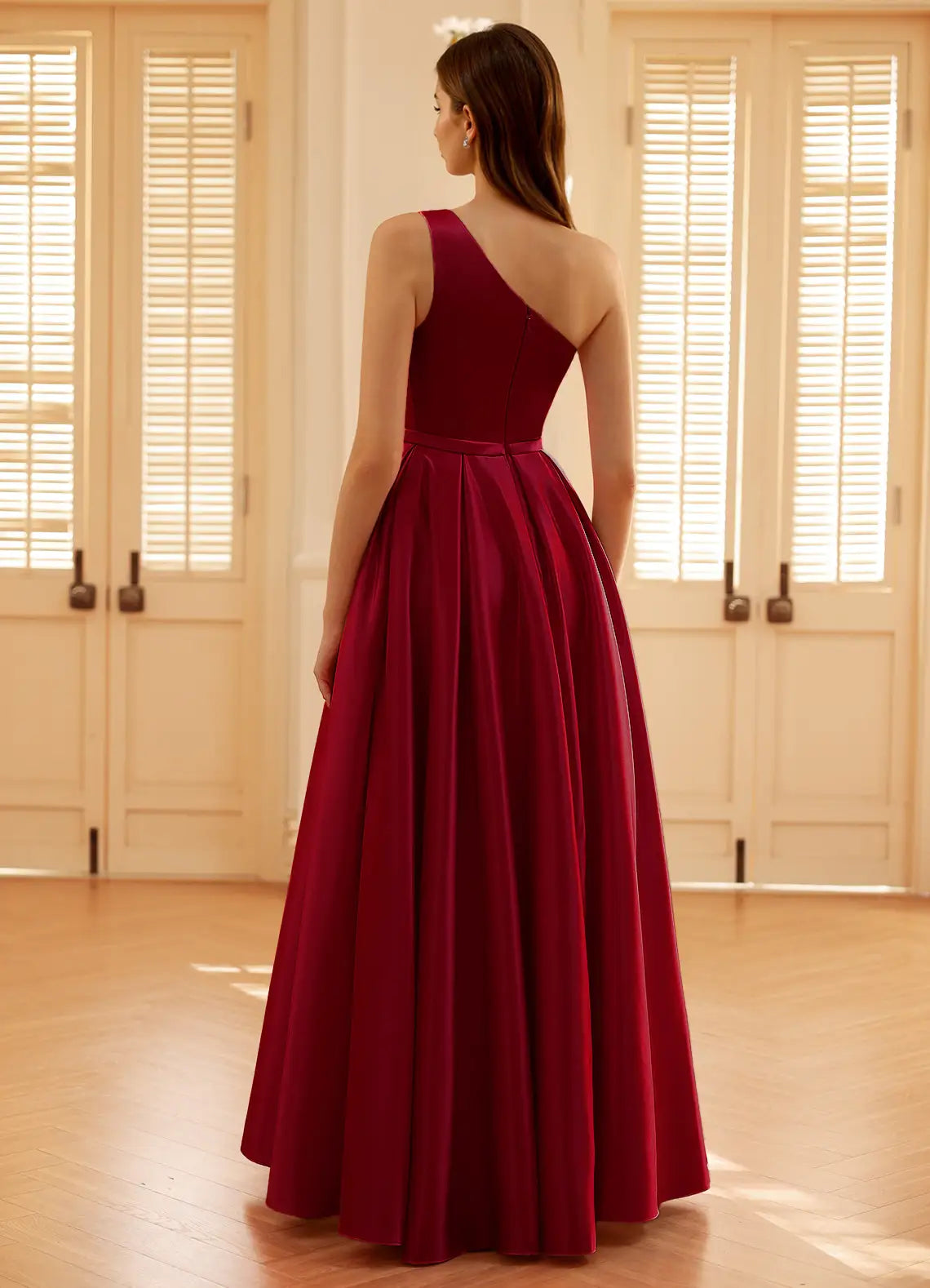 A-line One Shoulder Pleated Satin Burgundy Prom Dress With Pocket