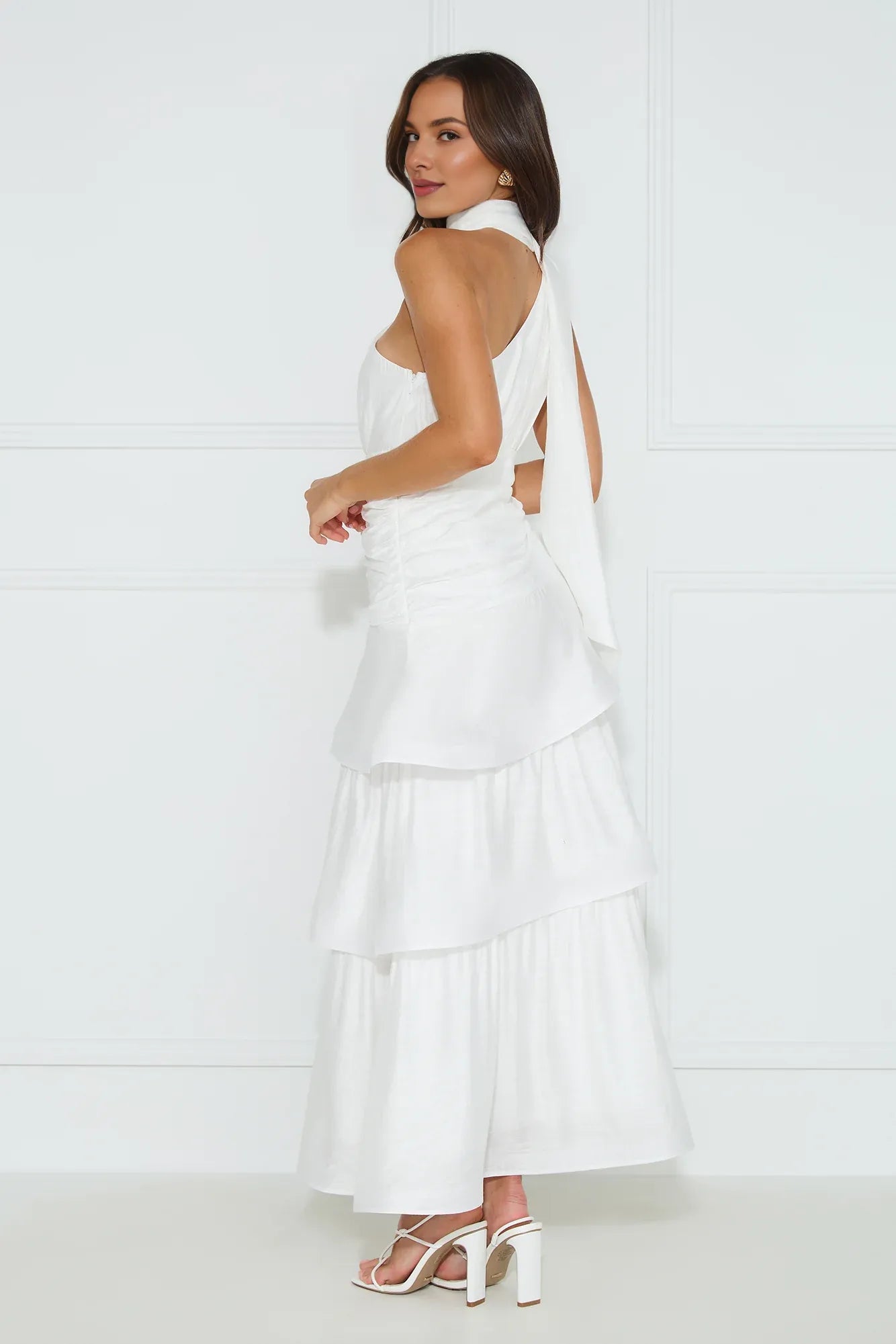 A-line One Shoulder Pleated Tiered Ruffle White Maxi Prom Dress With Streamer