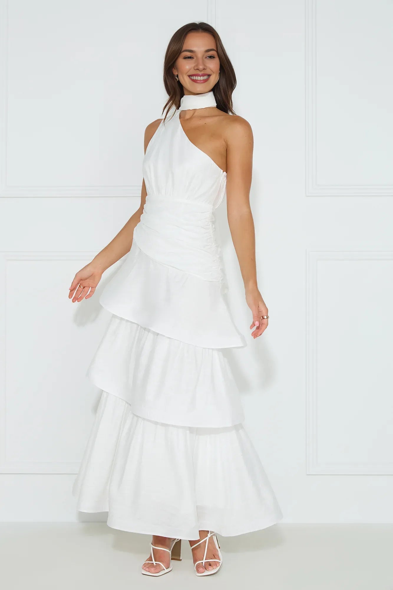 A-line One Shoulder Pleated Tiered Ruffle White Maxi Prom Dress With Streamer