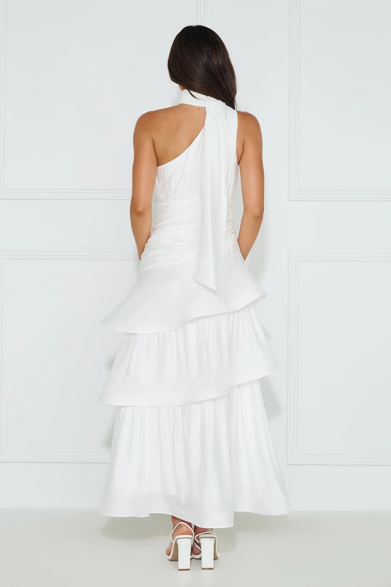 A-line One Shoulder Pleated Tiered Ruffle White Maxi Prom Dress With Streamer