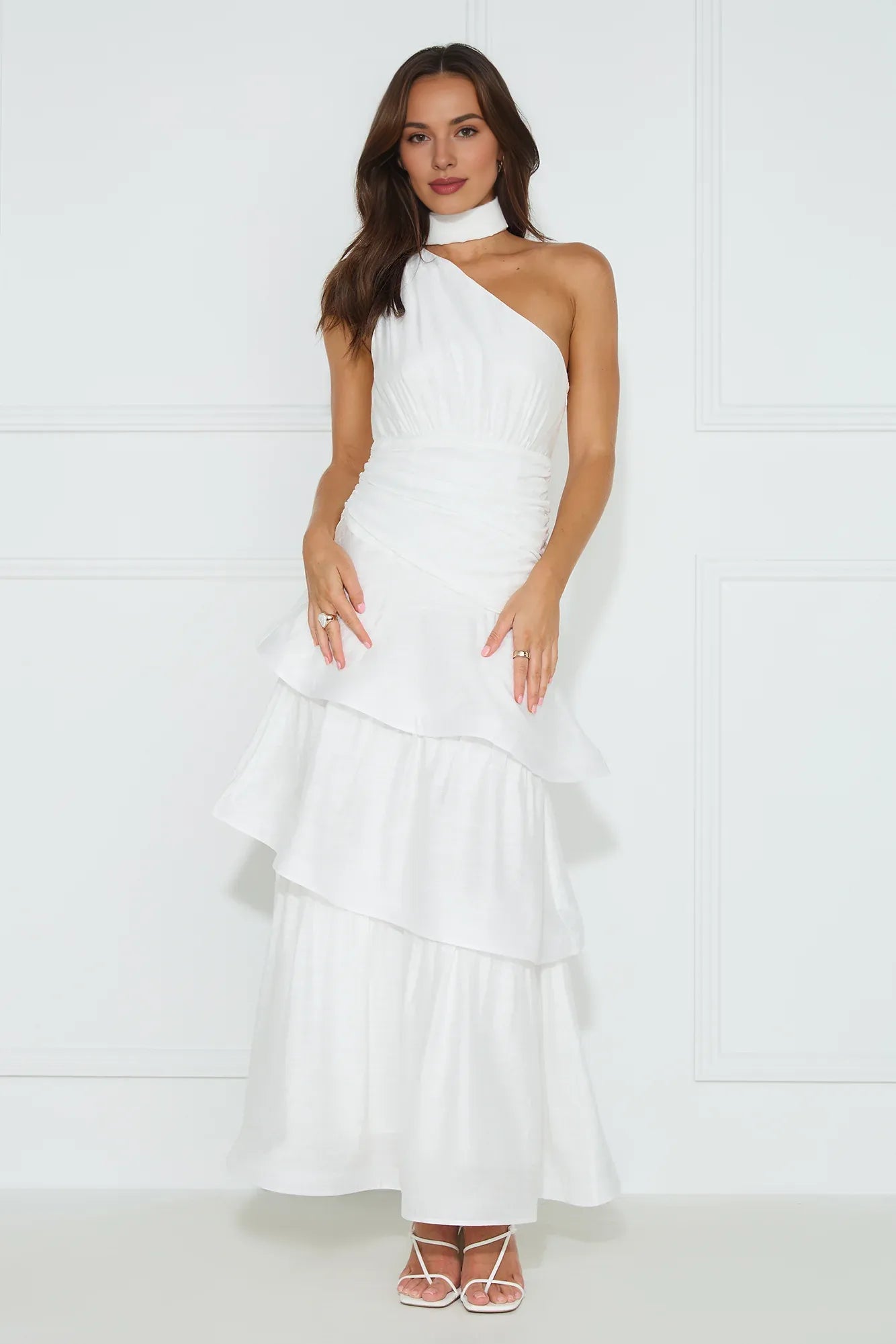 A-line One Shoulder Pleated Tiered Ruffle White Maxi Prom Dress With Streamer