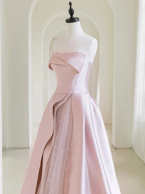 A-line Pink Satin and Tulle Off Shoulder Long Prom Dress Formal Dress Evening Dress