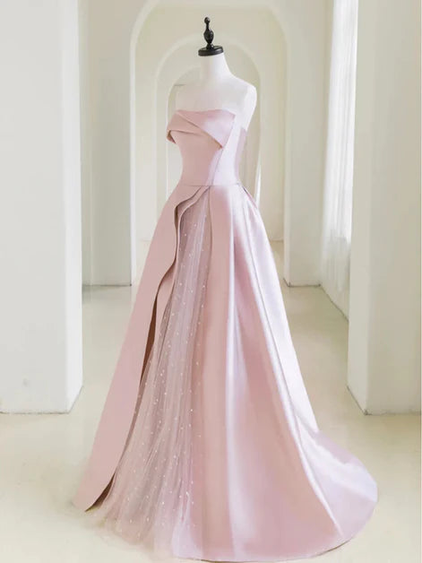 A-line Pink Satin and Tulle Off Shoulder Long Prom Dress Formal Dress Evening Dress