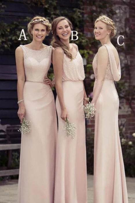 A-line Pretty Chiffon Sleeveless Open Back Floor Length Bridesmaid Dresses Long Prom Dress