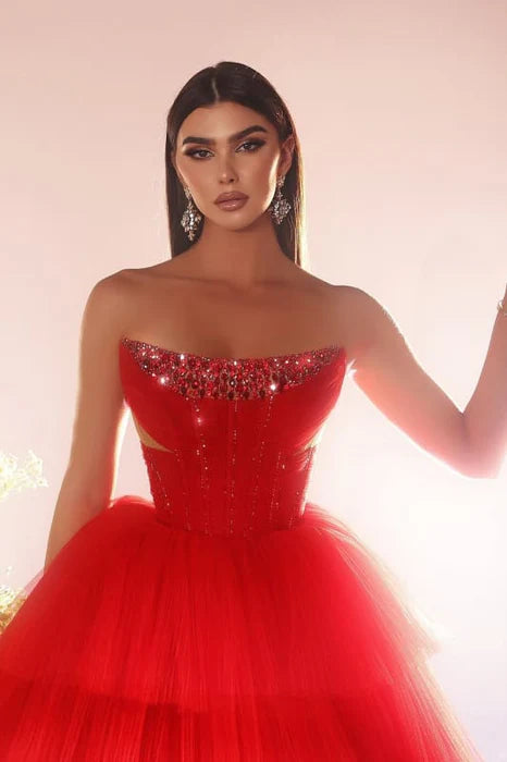 A-line Red Tulle Bateau Neck Strapless Tiered Beading Sequins Floor-Length Prom Dress