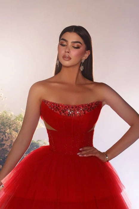 A-line Red Tulle Bateau Neck Strapless Tiered Beading Sequins Floor-Length Prom Dress