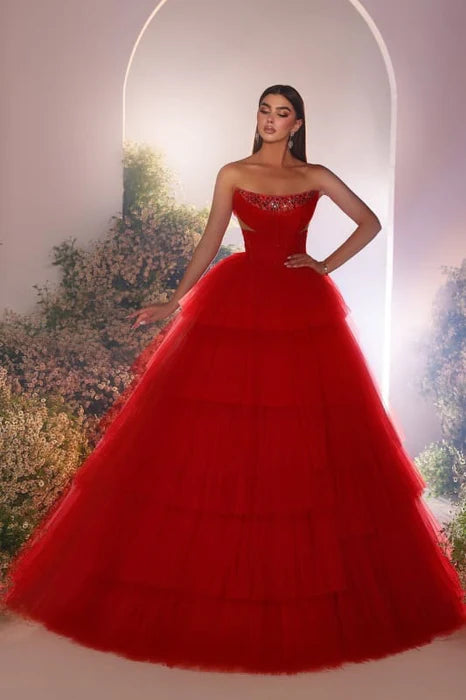 A-line Red Tulle Bateau Neck Strapless Tiered Beading Sequins Floor-Length Prom Dress