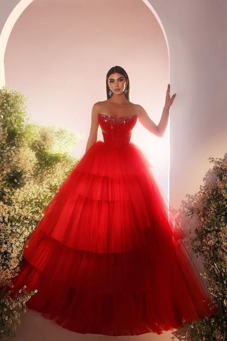 A-line Red Tulle Bateau Neck Strapless Tiered Beading Sequins Floor-Length Prom Dress