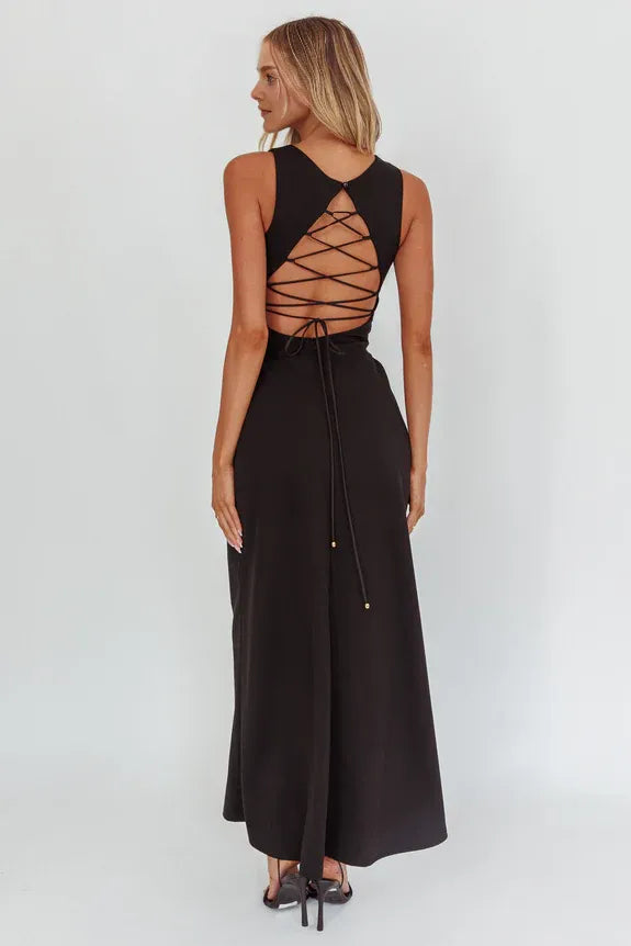 Casual A-line Round Neck Lace-Up Back Black Maxi Homecoming Dress Prom Dress