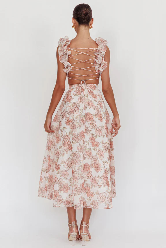 A-line Ruffle Lace-Up Back Floral Print Peach Maxi Evening Dress For Women