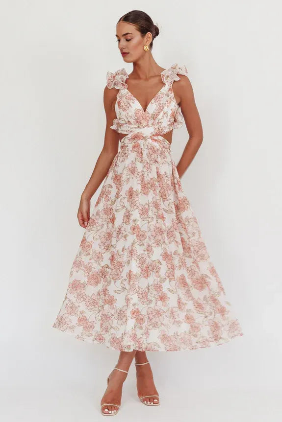 A-line Ruffle Lace-Up Back Floral Print Peach Maxi Evening Dress For Women