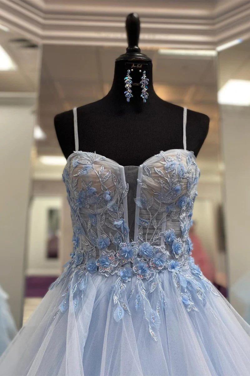 A-line Spaghetti-Straps Layers Floral Organza Light Blue Long Prom Dress
