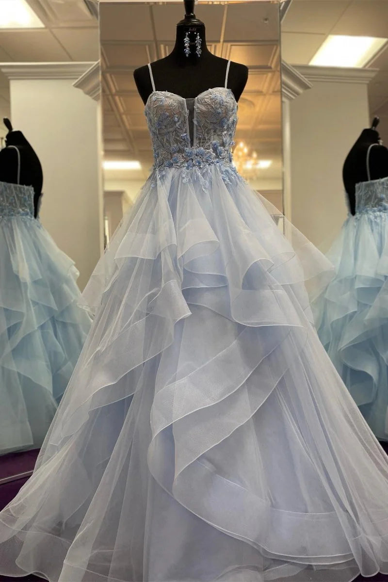 A-line Spaghetti-Straps Layers Floral Organza Light Blue Long Prom Dress