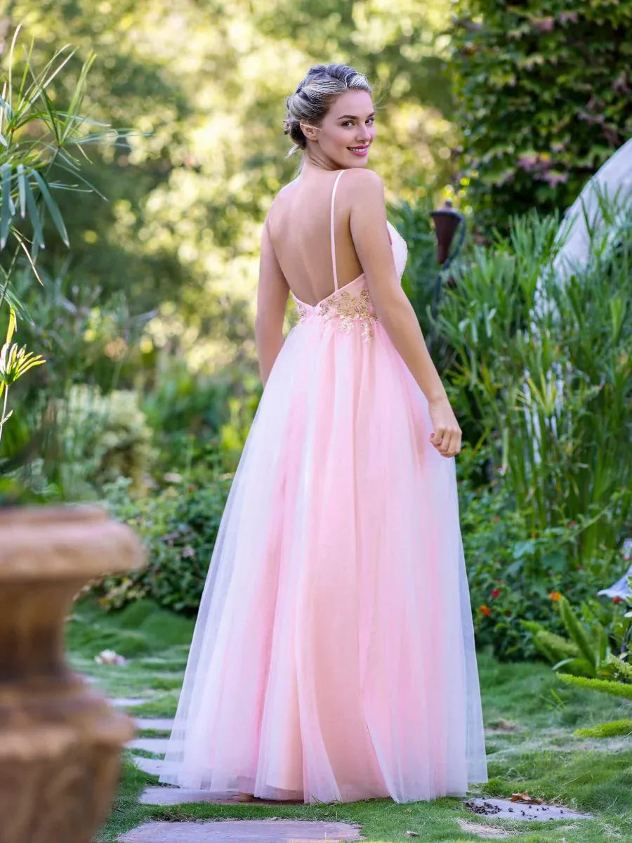 A-line Spaghetti Strap Backless Sequins Applique Tulle Pink Prom Dress