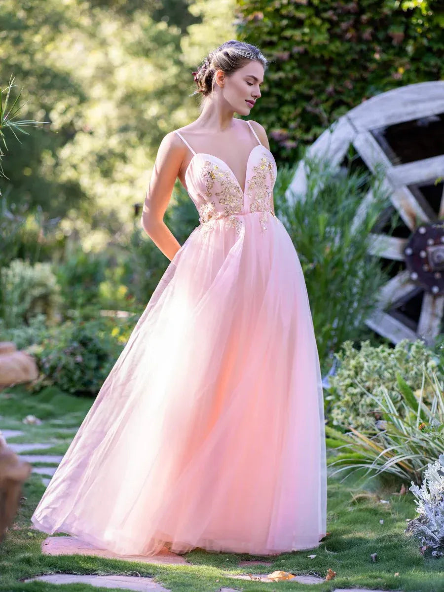 A-line Spaghetti Strap Backless Sequins Applique Tulle Pink Prom Dress
