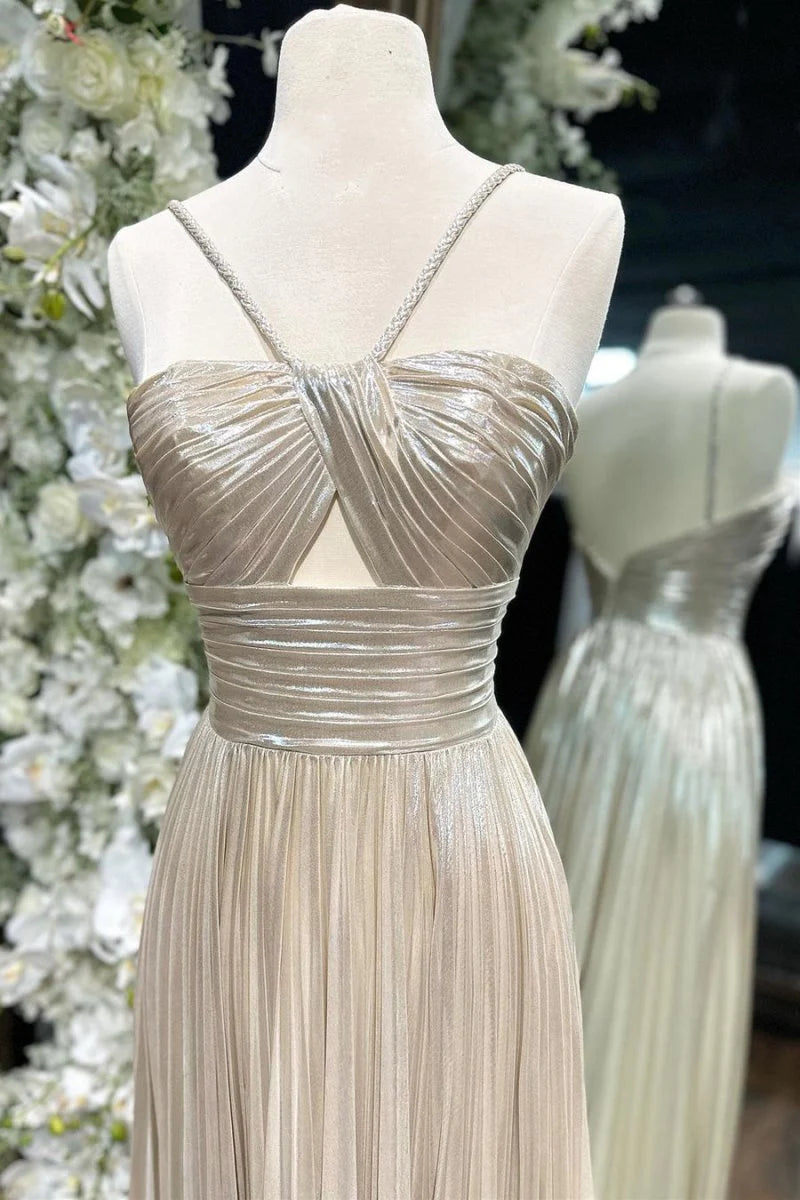 A-line Spaghetti Strap Keyhole Pleated Metallic Champagne Long Evening Dress