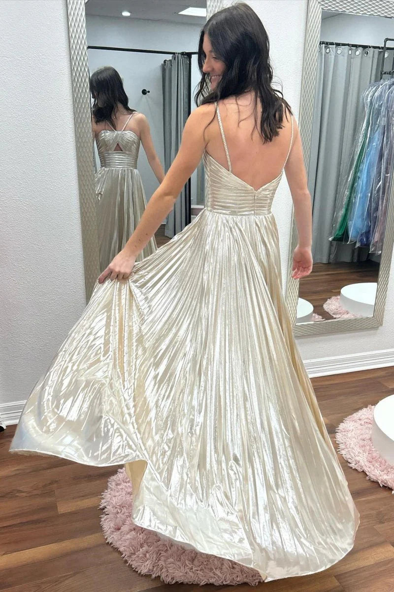 A-line Spaghetti Strap Keyhole Pleated Metallic Champagne Long Evening Dress